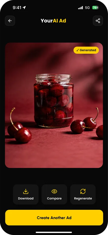 PixelAd app: a finished food ad ready to download, compare or share